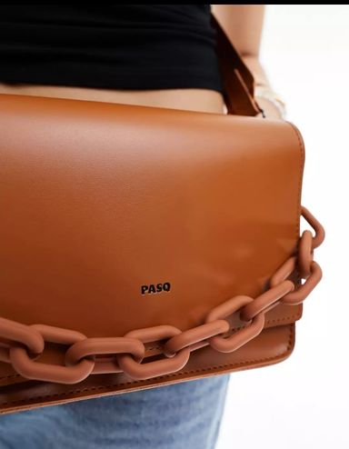 PASQ grab bag with chunky chain and detachable crossbody strap in brown