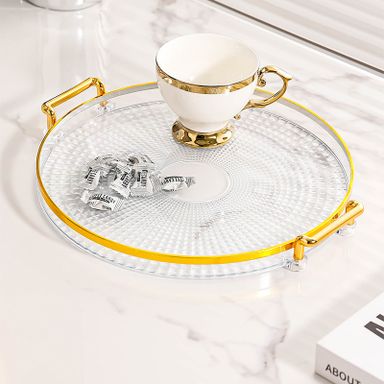Acrylic Round Vanity Tray with Gold Handles