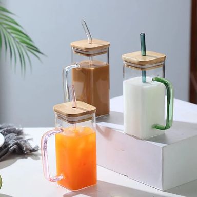 Transparent Borosilicate Drinking Glass Cup/Tumbler with bamboo lid 