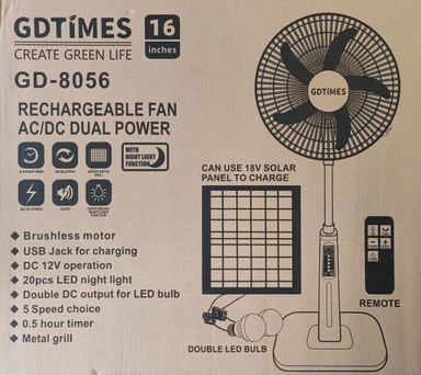 GDTIMES 16Inch Solar Rechargeable Fan and LED Light Kit – Stay Cool and Illuminated Anywhere