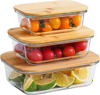 3pcs glass bowl storage containers with bamboo lid