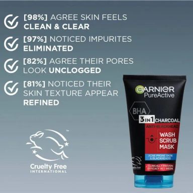 Garnier Pure Active 3 In1 Charcoal Anti Blackhead Mask Wash Scrub 150ml- powered by salicylic acid & purifying charcoal