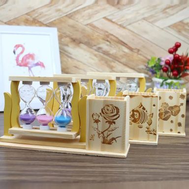Handicraft Wooden Pen Stand with 3 Hourglass Timer
