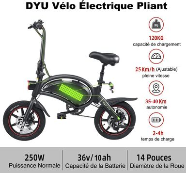 DYU D3F Folding Electric Bike - 14" Wheels, 250W Motor, 36V Battery