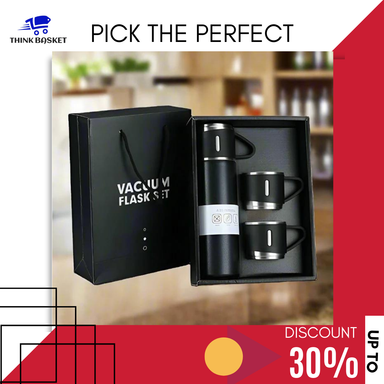 Stainless Steel Vacuum Flask Set with 3 Steel Cups Combo for Coffee Hot Drink