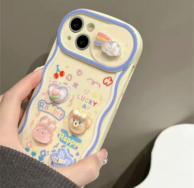 iPhone Case Korean Cute 3D Bear Rabbit Push-Pull Camera Protector Phone Case For iPhone 15 11 14 12 13 Pro Max X XR 7 8 Plus SE 3 Wavy Cover