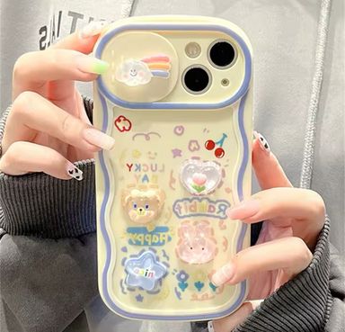 iPhone Case Korean Cute 3D Bear Rabbit Push-Pull Camera Protector Phone Case For iPhone 15 11 14 12 13 Pro Max X XR 7 8 Plus SE 3 Wavy Cover