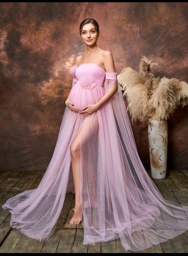 Maternity Off Shoulder Extra-Long Sleeve Flower Trim Mesh Overlay Tube Prom Party Photography Dress