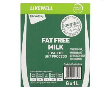 PnP Live Well UHT Fat Free Milk 6 x1L