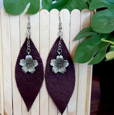 Leather Bronze Flower Earrings