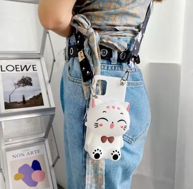 Cartoon 3D Cat Coin Wallet Case For Apple iPhone 15 14 13 12 mini 11 Pro 6 6S 7 8 Plus XR XS Max Cute Bags Cover With Rope