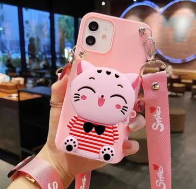 Cartoon 3D Cat Coin Wallet Case For Apple iPhone 15 14 13 12 mini 11 Pro 6 6S 7 8 Plus XR XS Max Cute Bags Cover With Rope