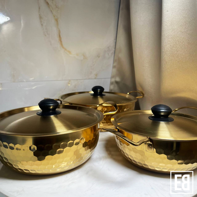 Risa (Gold) 410 Stainless Steel 3-Piece Hammered Design Cooking Pot (CODE: K113)