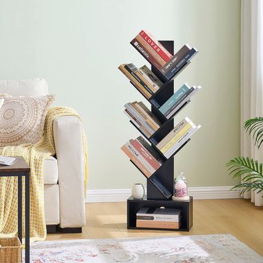 6 Tier Tree Bookshelf Bookcase with Drawer Freestanding Book Shelf Black