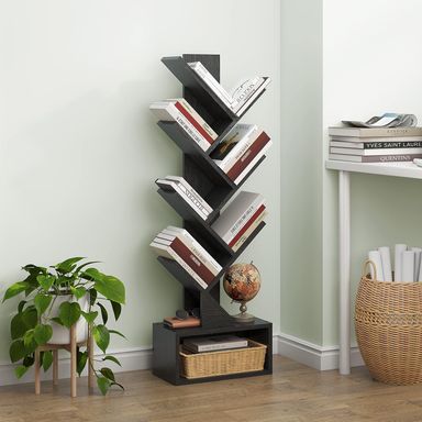 6 Tier Tree Bookshelf Bookcase with Drawer Freestanding Book Shelf Black