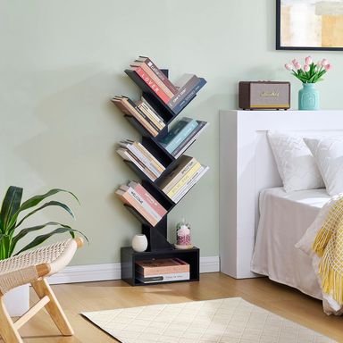 6 Tier Tree Bookshelf Bookcase with Drawer Freestanding Book Shelf Black