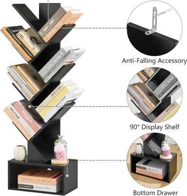 6 Tier Tree Bookshelf Bookcase with Drawer Freestanding Book Shelf Black