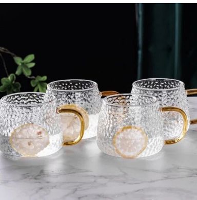 350 ml Hammer Patterned Glass Cups with a Gold Handle