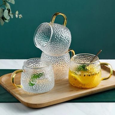 350 ml Hammer Patterned Glass Cups with a Gold Handle