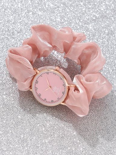 Women Pink/Black/White/Yellow/Navy Scrunchie Design Nylon Strap Fashion Key Pattern Quartz Watch