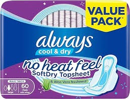 Always Cool & Dry SoftDry TopSheet Aloe Vera Freshness Maxi Thick Large Pads with Wings (Value Pack)