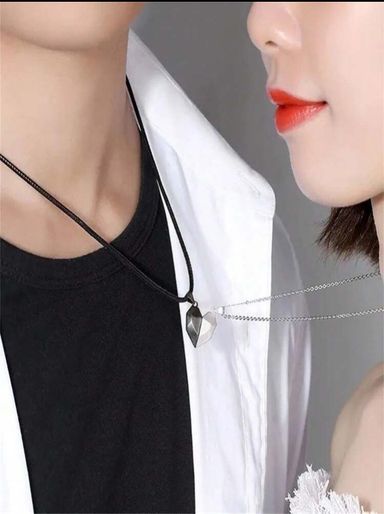 2pcs black and white cord metallic magnet heart necklace 