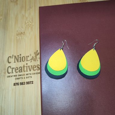 Leather Earrings (Black Green and Gold) 