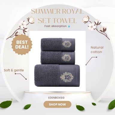 (T93) SUMMER Royal Towel set of 3pcs with embroidery (Dark grey)