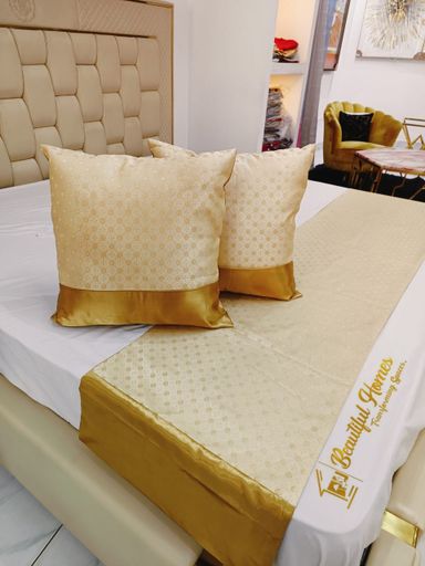 Gold Bed Runner & Cushion Cover Set