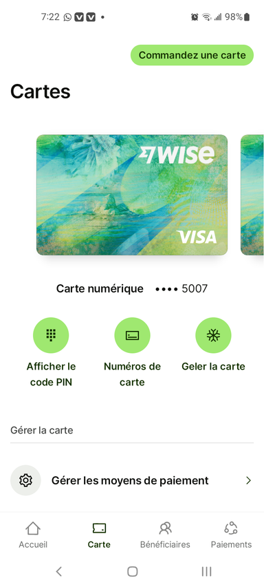 Carte virtuelle visa wise