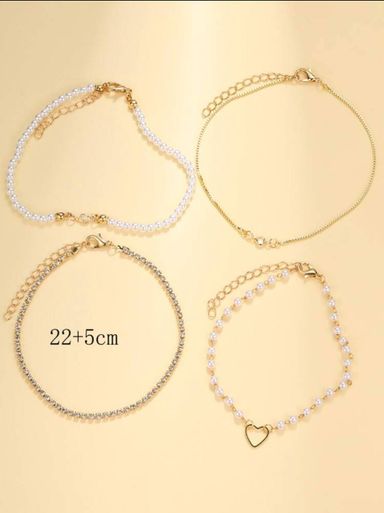 4pcs Simple Heart -Shaped Faux Rhinestone Bracelets 