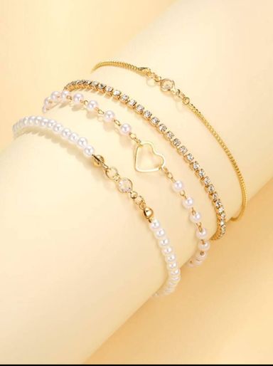 4pcs Simple Heart -Shaped Faux Rhinestone Bracelets 