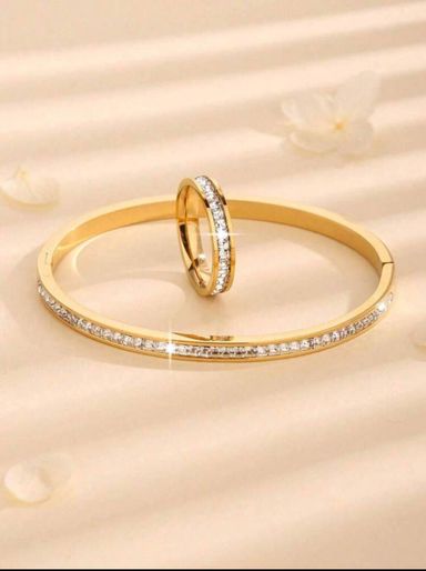 Gold color Stainless stell Square Bangle and Ring