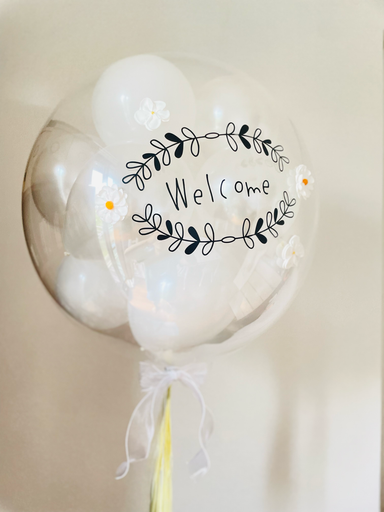 24" Mini bubble balloon with Clay flower_White&pearl white