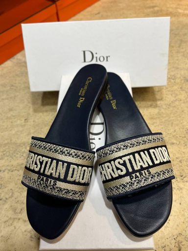 Dior Dway Deep Blue Embroidered Cotton Logo Slides