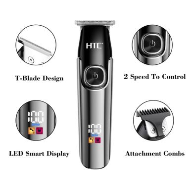 HTC Hair Clipper, Beard Trimmer with 2 Speed Settings, USB Rechargeable Cordless T-Shape Shaver with LED Display and 3 Combs, AT588 (BLACK)