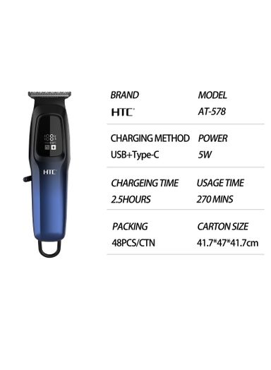 HTC Hair Clipper, Beard Trimmer with USB Rechargeable Cordless T-Shape Shaver with LED Display and 3 Combs, AT578