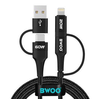 Bwoo 60W Fast Charging Cable, 4 in 1 USB Data Cable for Laptop, Ipad, Iphone & Androids