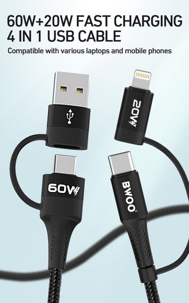 Bwoo 60W Fast Charging Cable, 4 in 1 USB Data Cable for Laptop, Ipad, Iphone & Androids