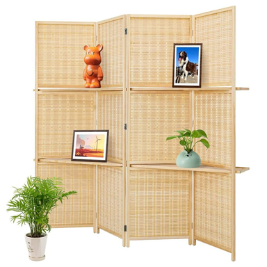 Bamboo Foldable Home Office Divider Partition Wall with Removable Storage Shelf