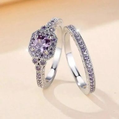 2pcs Women Engagement Ring Set, Elegant Silver-Tone Alloy Cubic Zirconia 