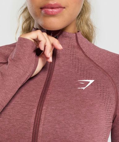 Gymshark Vital Seamless Midi Zip Pullover Body Fit Burgundy Pink Marl