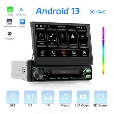Rádio android 13 1din 7" 2/64GB retrátil GPS WiFi BT Carplay