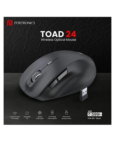 Portronics Toad 24 Wireless Mouse, with 2.4 GHz USB Nano Receiver, Adjustable DPI up to 1600, Dual-Function Scroll Wheel, for Laptop, Mac, PC (Black)