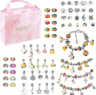 66Pcs Unicorn Mermaid DIY Charm Bracelet Making Kit - Create Unique Jewelry with Pink Craft Supplies - Perfect Gift for Birthday, Christmas, New Year, and Crafting Enthusiasts