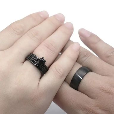 1pc Charming Black Stainless Steel Couple Ring Set 