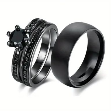 1pc Charming Black Stainless Steel Couple Ring Set 