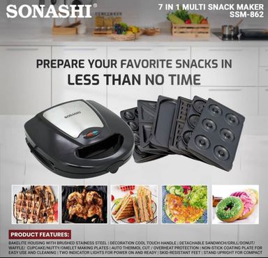 Sonashi 7-in-1 Multi Snack Maker SSM-862 – Detachable Sandwich, Grill, Donut, Waffle, Cupcake, Nutty, Omelet Making Plates