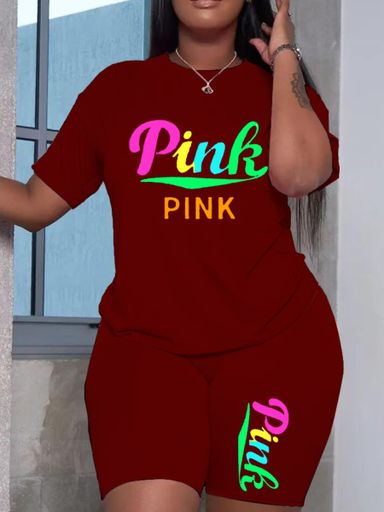 Wine Red Plus Size Pink Logo Shorts Set