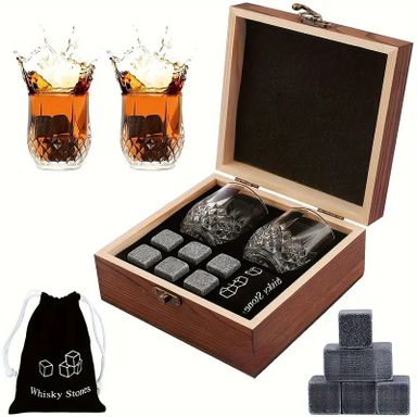 Premium Whiskey Stone Set with Wine Glasses & Storage Bag - Reusable Coolers for Perfect Drinks,